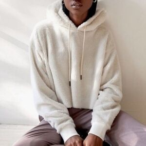 Urban Outfitters Teddy Cropped Hoodie Fleece Cream Size Small